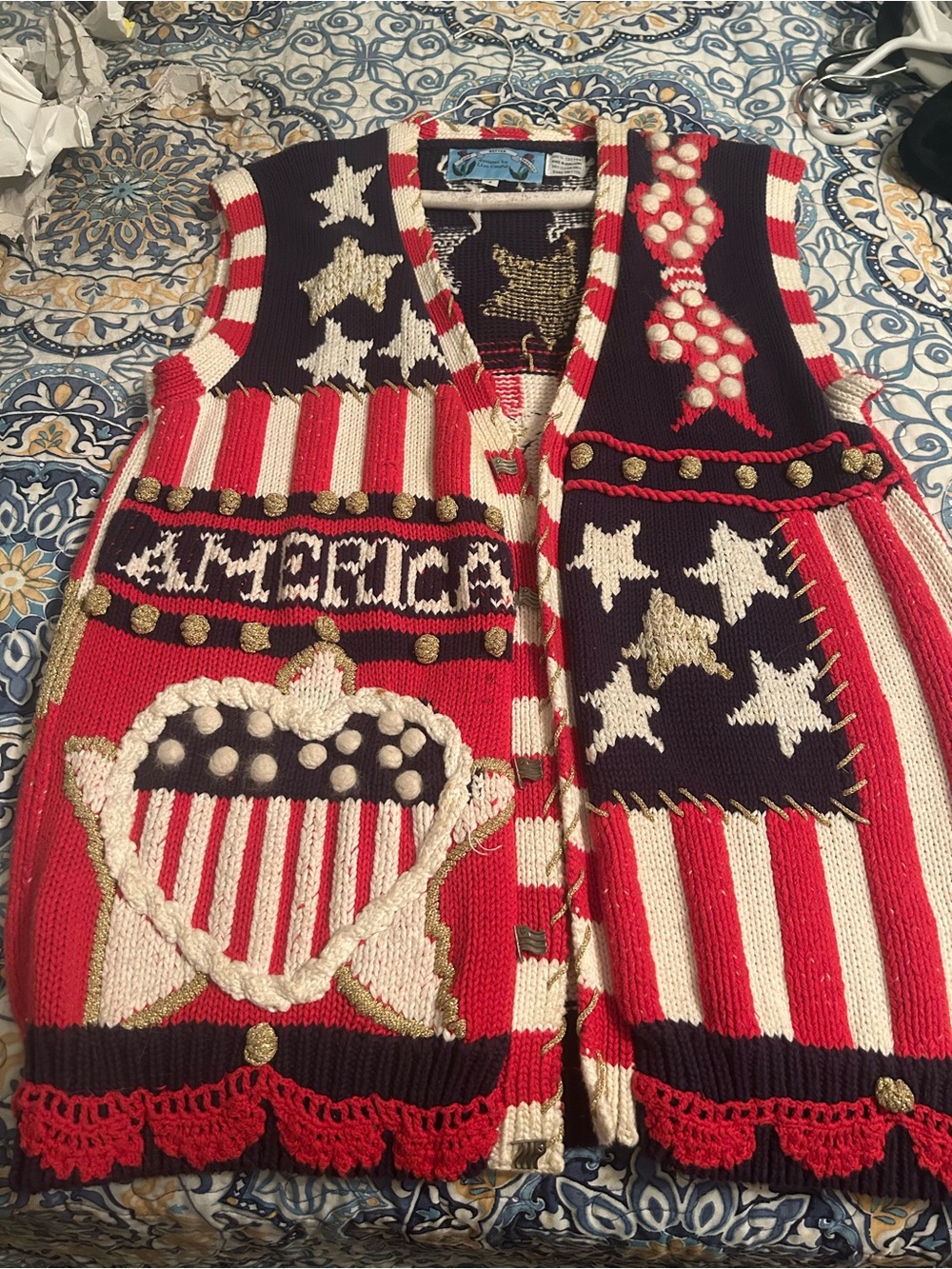 Patriotic Red, White & Navy Knit Vest - Americana Motif